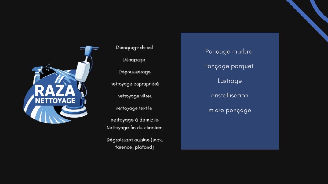 Carte des prestations Raza Nettoyage — décapage, ponçage marbre, cristallisation